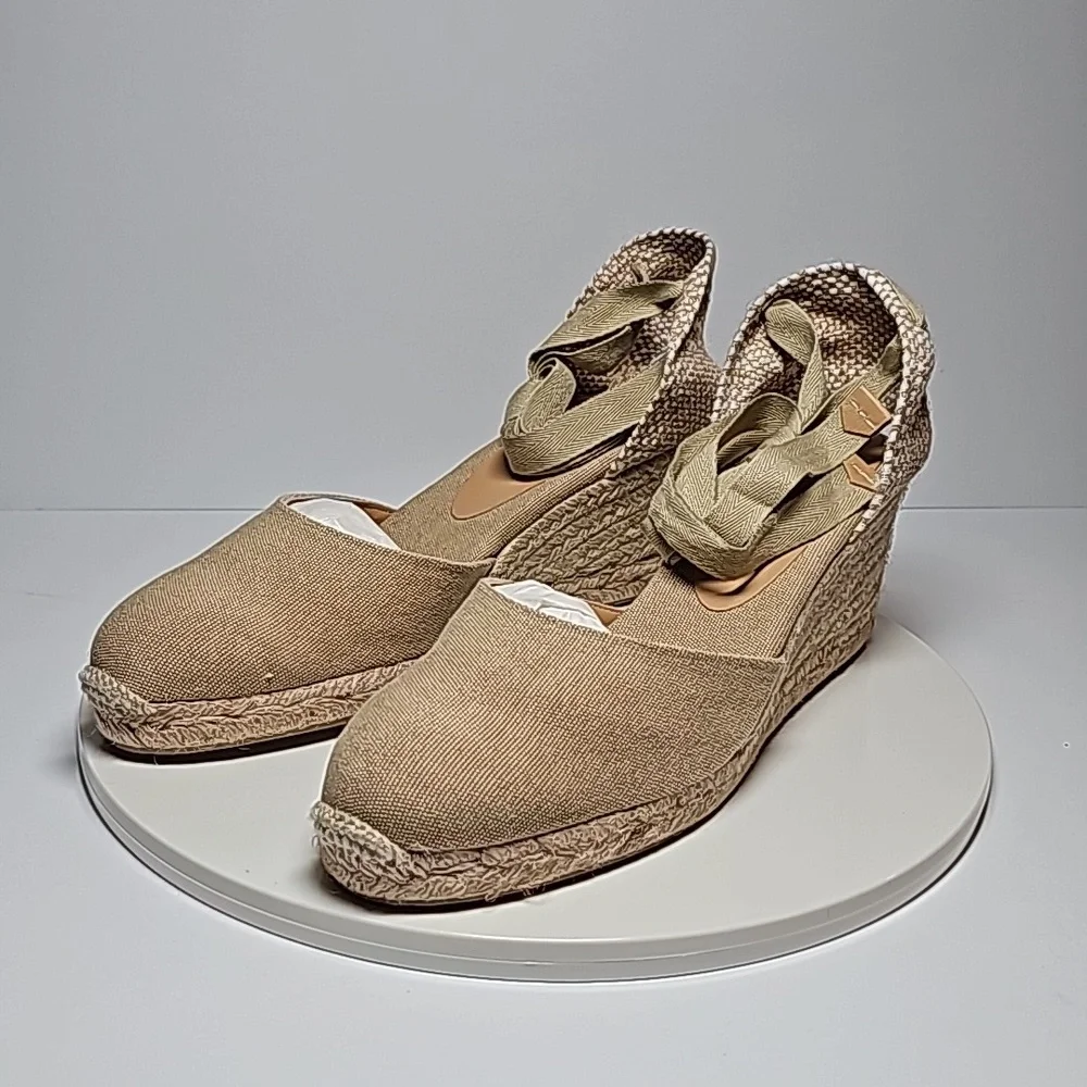NWB Castaner Carina Sand Canvas Espadrille Wedge Ankle Tie Sandals 10 Jute Heels